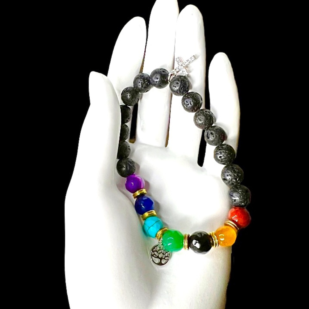 Chakra Bracelet with Lava Stones and Tree of Life/Cross Charm